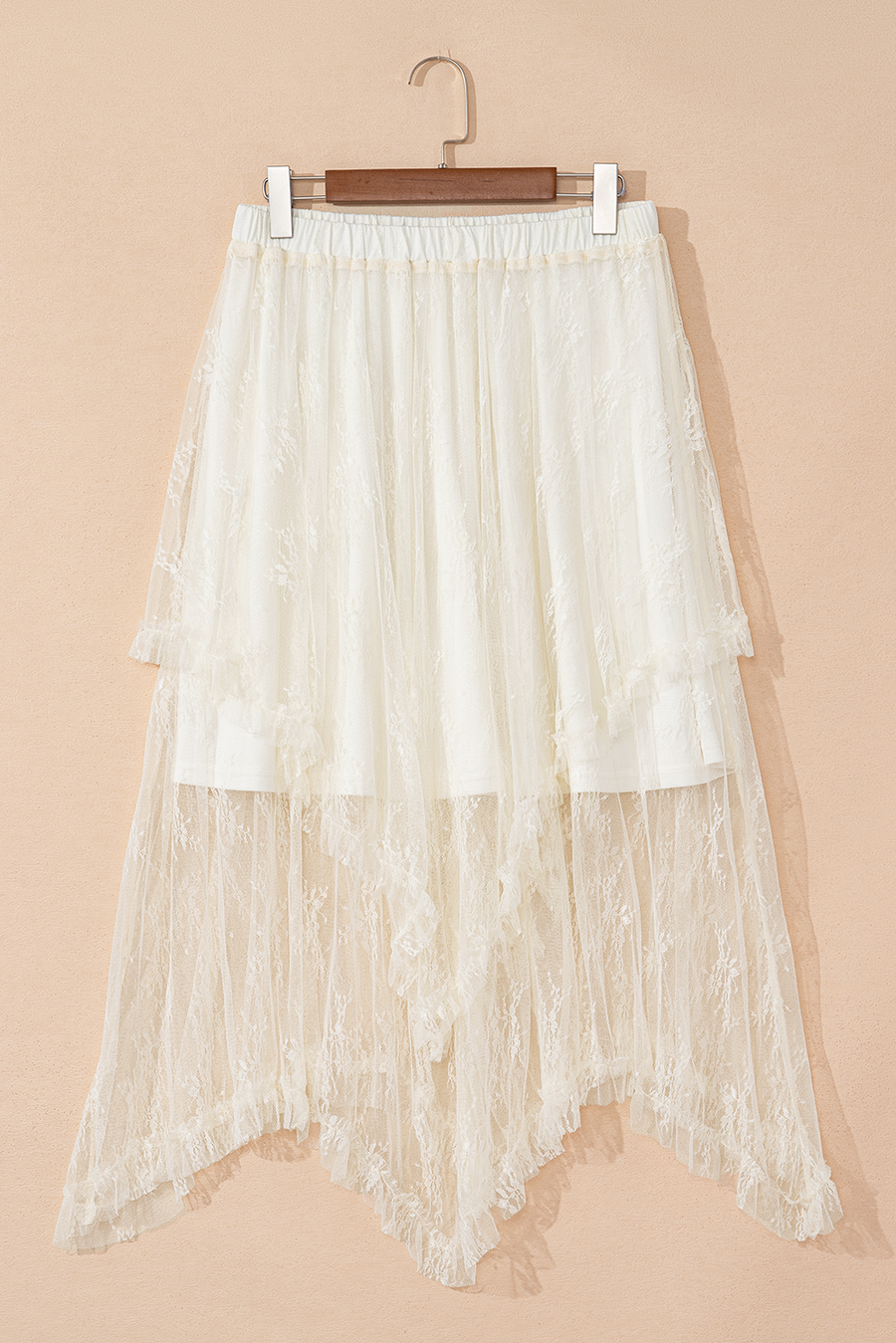 Beige Lace Cascading Tiered High-Waist Maxi Skirt