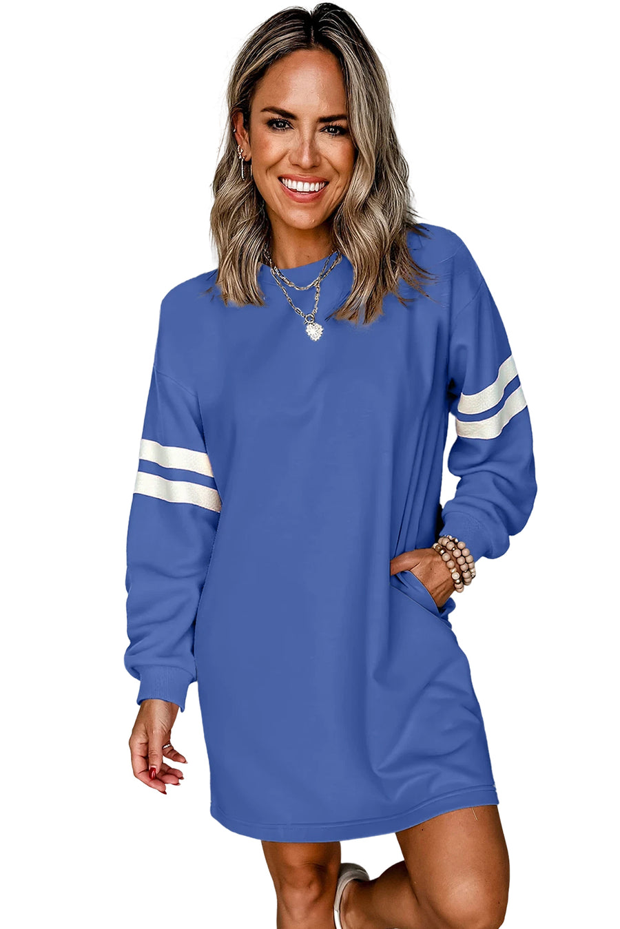 Varsity Striped Long Sleeve Loose Mini Dress with Pockets- 5 Colors
