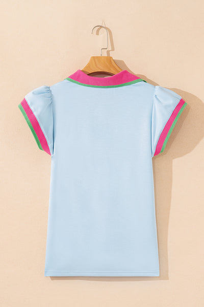 Beau Blue Pop of Color Collared V Neck Ruffle Sleeve Blouse