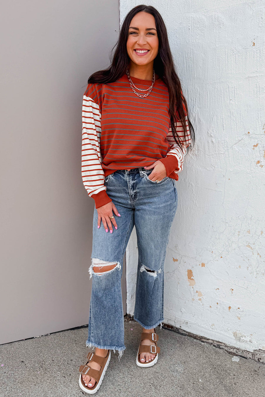Rust Striped Contrast Sleeve Drop Shoulder Long Sleeve Sweatshirt