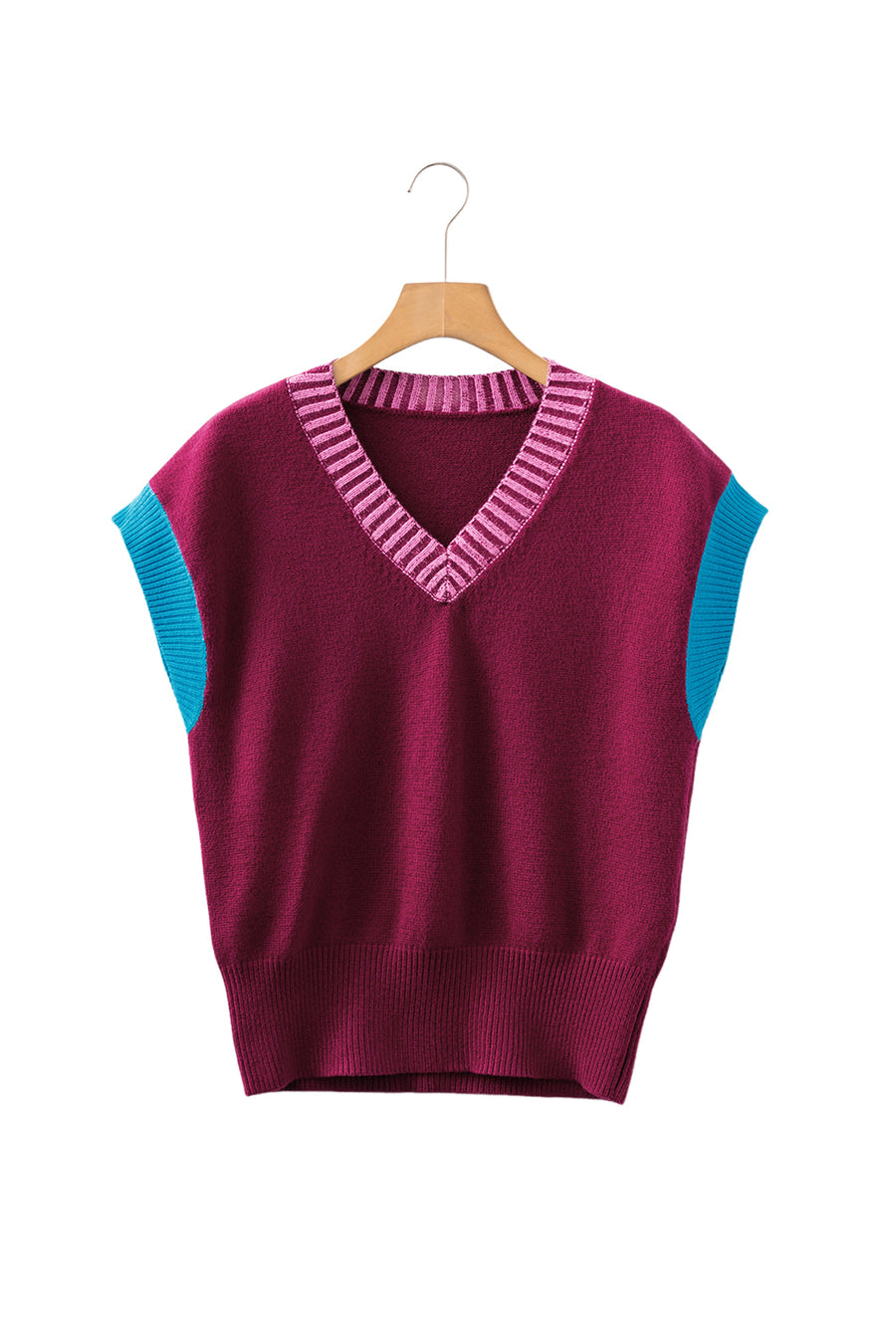 Burgundy Contrast Trim V-Neck Short Sleeve Loose Sweater