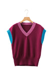 Burgundy Contrast Trim V-Neck Short Sleeve Loose Sweater