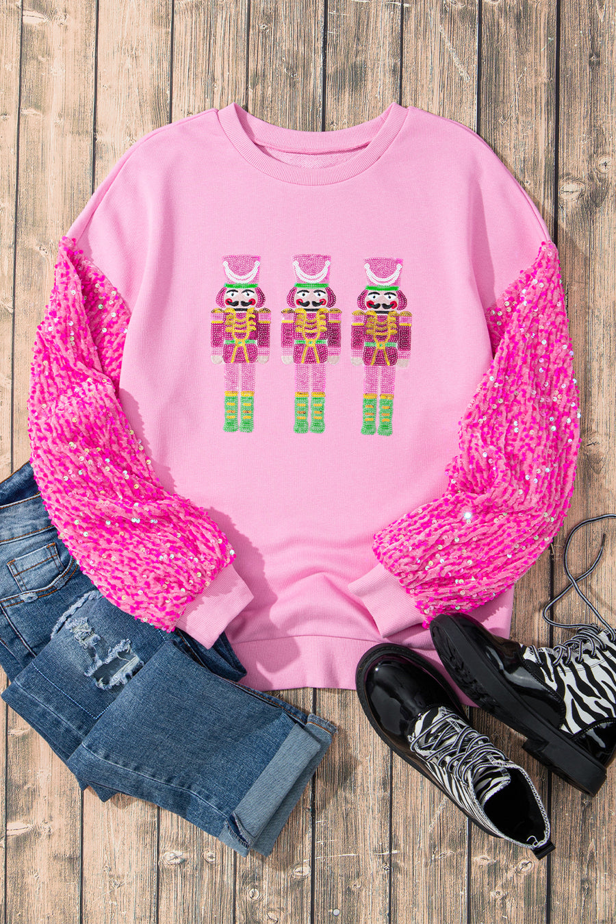 Pink Nutcracker Sequin Sleeve Graphic Print Sweatshirt