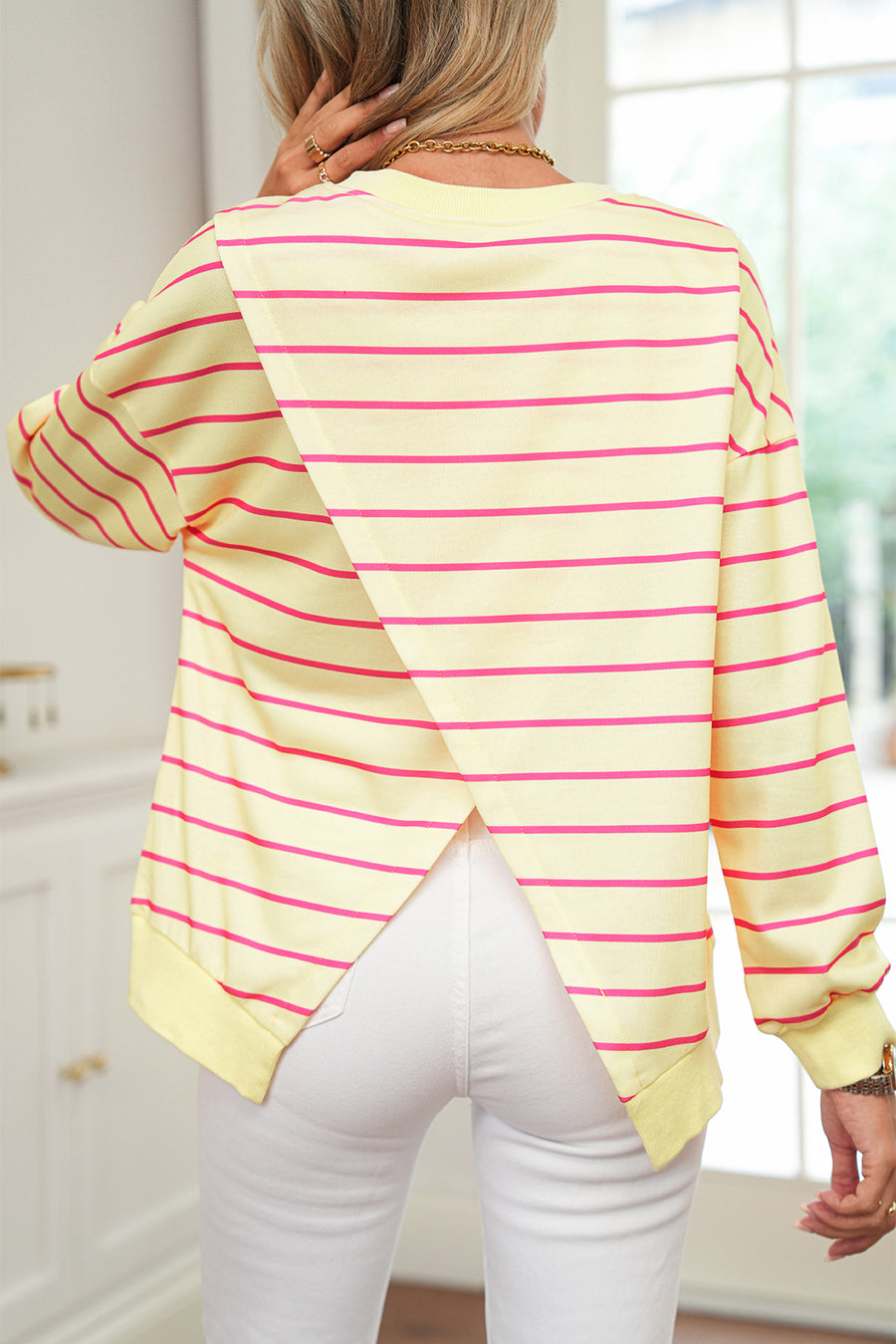 Striped Overlap Back Drop Shoulder Pullover Sweatshirt- 2 Colors