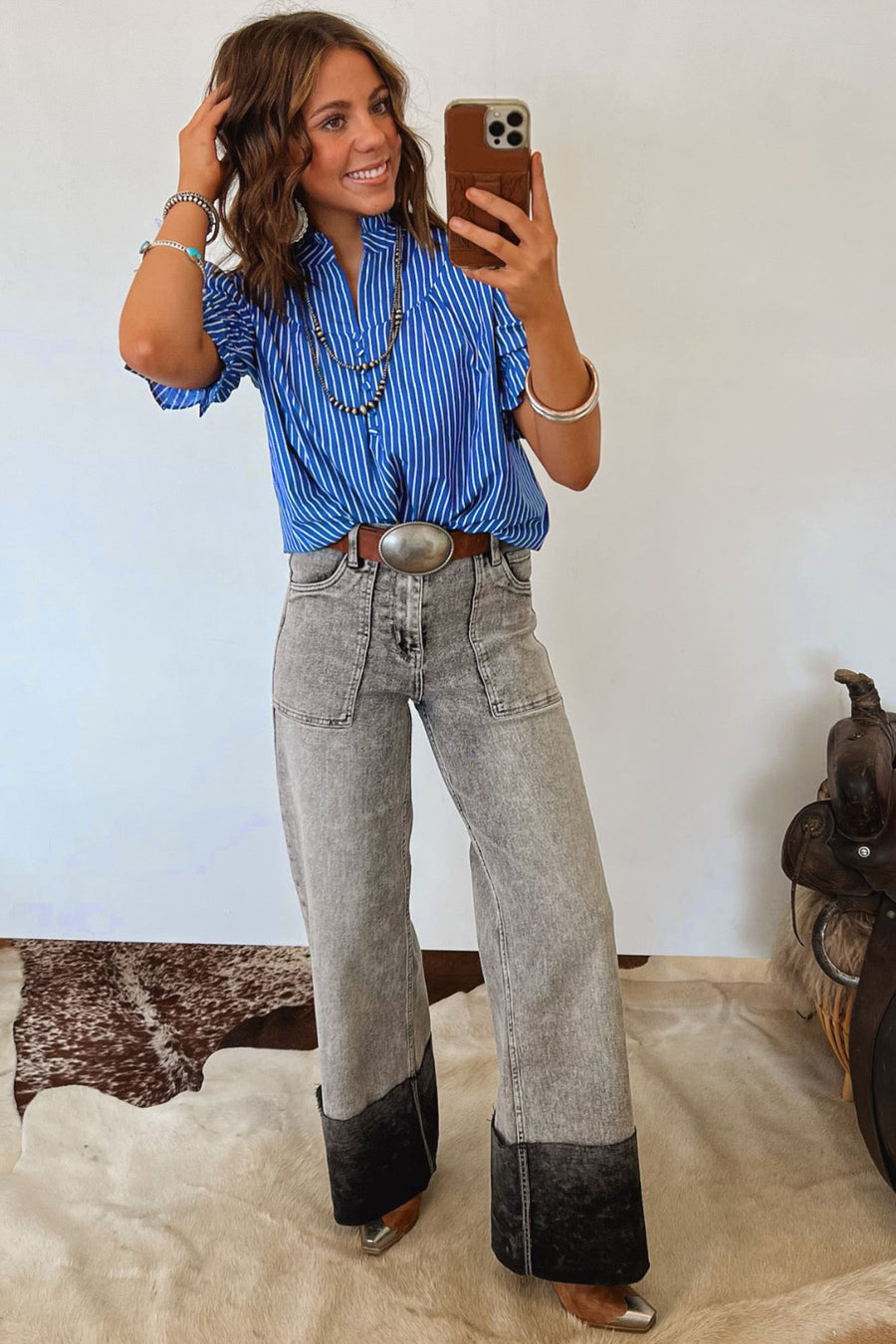 Striped Frill Neck Ruffled Short Puff Sleeve Button-Up Blouse- 2 Colors
