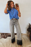 Striped Frill Neck Ruffled Short Puff Sleeve Button-Up Blouse- 2 Colors