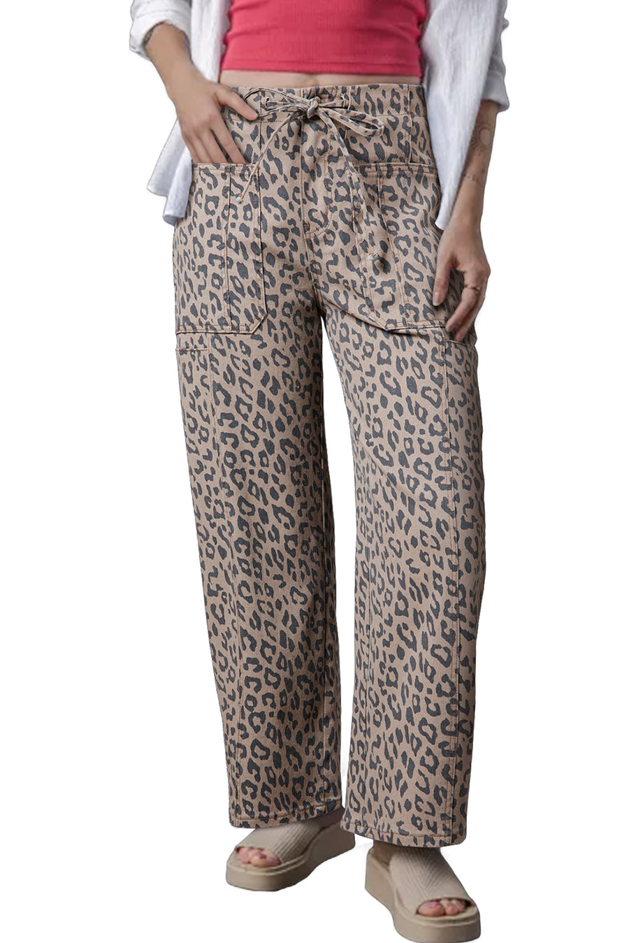Leopard Print Drawstring Barrel Leg Jeans with Pockets- 2 Colors