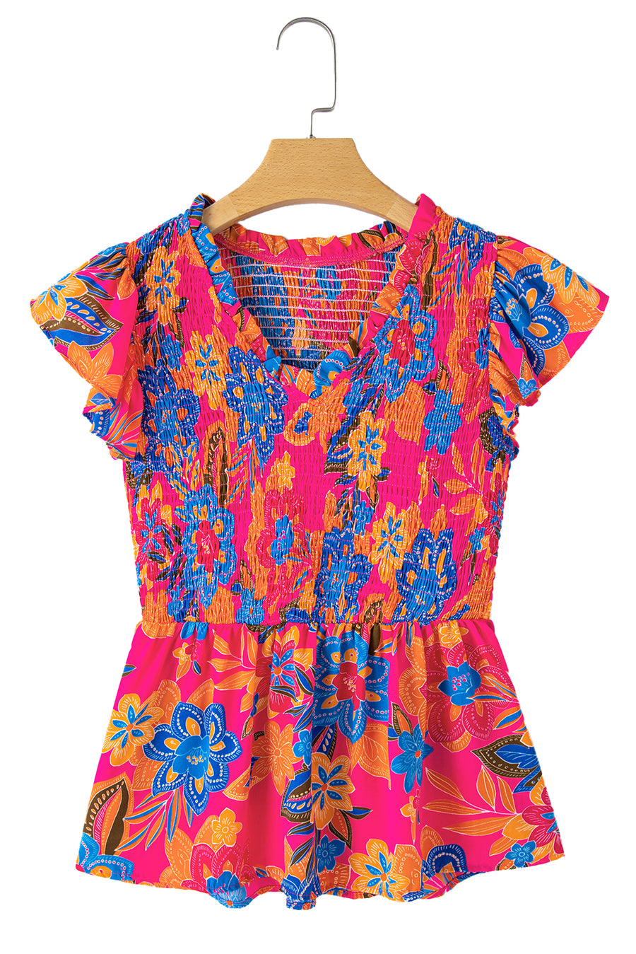 Neon Pink Floral Frill V-Neck Smocked Peplum Blouse