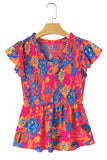Neon Pink Floral Frill V-Neck Smocked Peplum Blouse