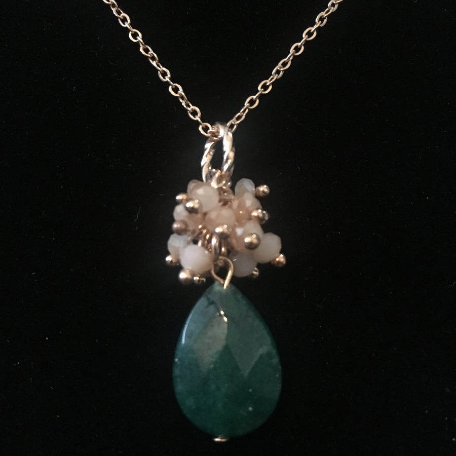 Gold Tone Beaded Teardrop Necklace- Hunter Green