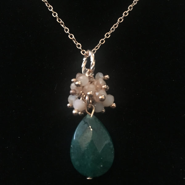 Gold Tone Beaded Teardrop Necklace- Hunter Green