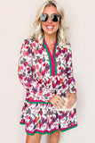 Multicolored Floral Print Contrast Striped Long Sleeve Mini Dress with Pockets