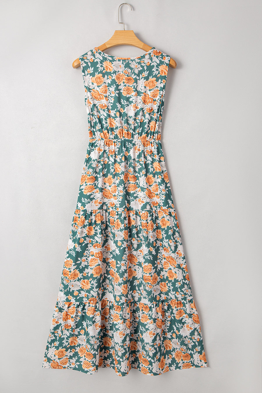 Green and Orange Floral Print V-Neck Sleeveless Midi Dress