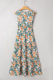 Green and Orange Floral Print V-Neck Sleeveless Midi Dress