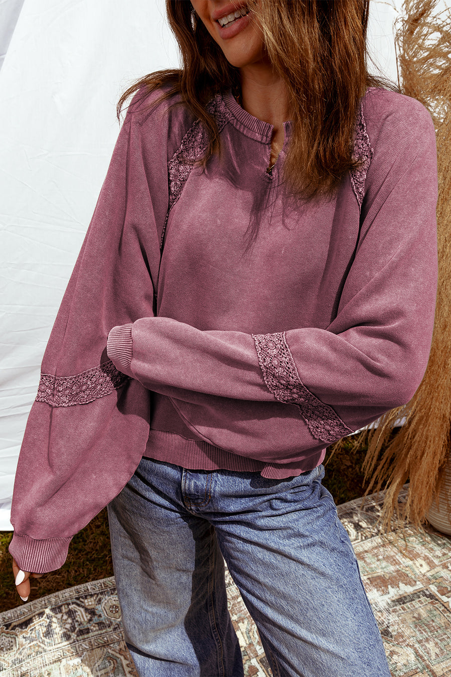 Lace Applique Notched Neck Mineral Wash Baggy Sweatshirt- 4 Colors