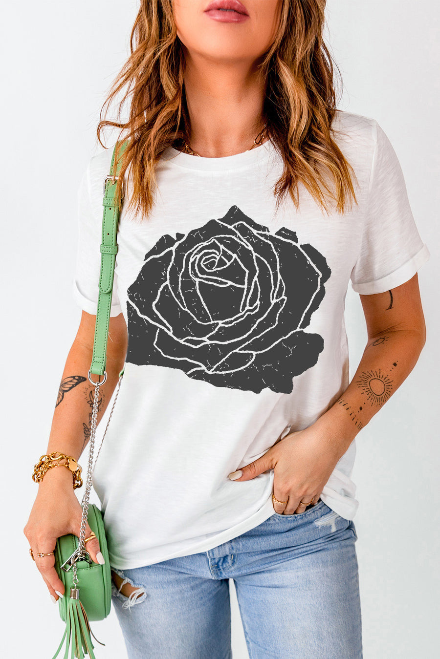 White with Black Rose Graphic Crew Neck T-Shirt