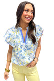 Blue Floral Frilled Notch Neck Ruffle Sleeve Blouse