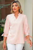 Pink Striped Pearl Beaded Bow Cuff Blouse