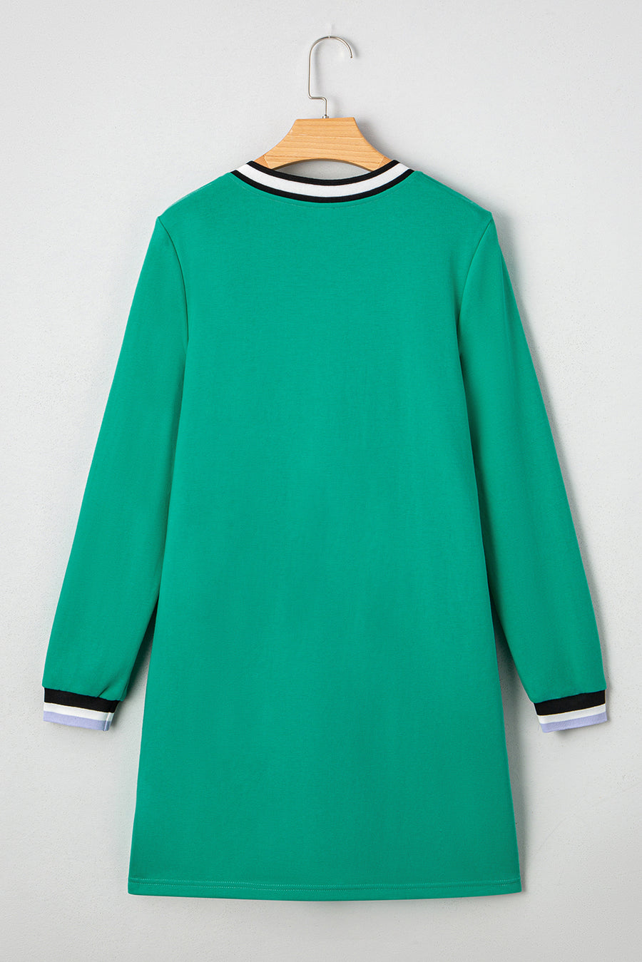 Green Contrast Striped V-Neck Long Sleeve T-Shirt Dress with Pockets