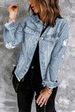 Light Blue Distressed Ripped Raw Hem Denim Jacket