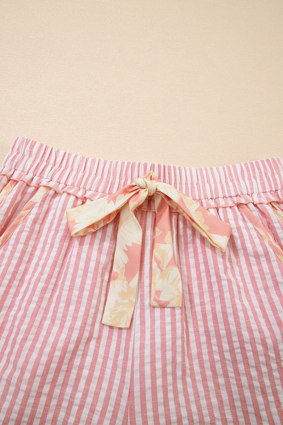 Light Pink Floral Trim Ribbon Drawstring Striped Casual Shorts
