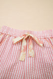 Light Pink Floral Trim Ribbon Drawstring Striped Casual Shorts