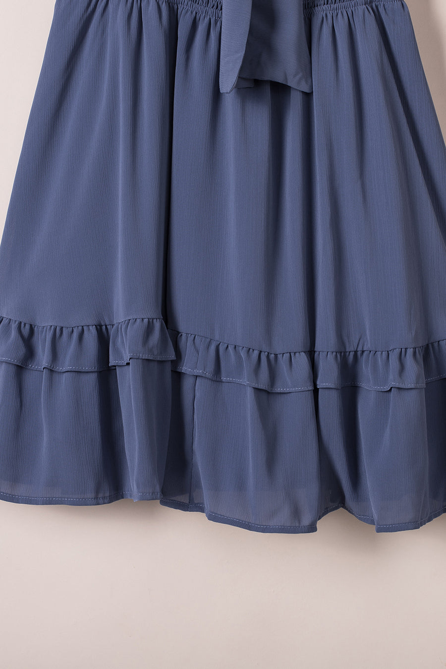 Slate Blue Deep V-Neck Tie Front Bow Layered Flare Mini Dress