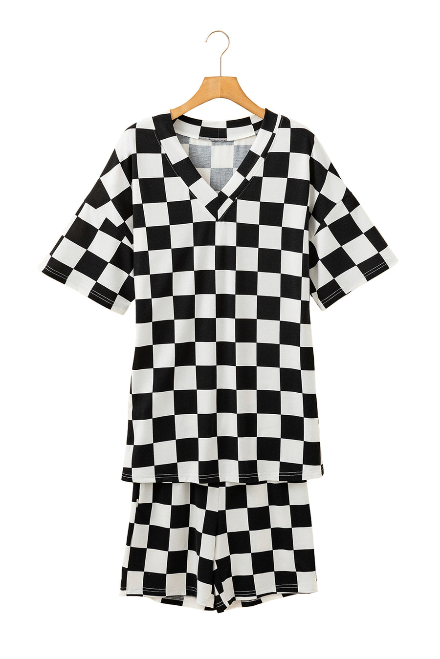 Black Checkered Print V Neck Pocketed Pajama Set