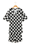 Black Checkered Print V Neck Pocketed Pajama Set