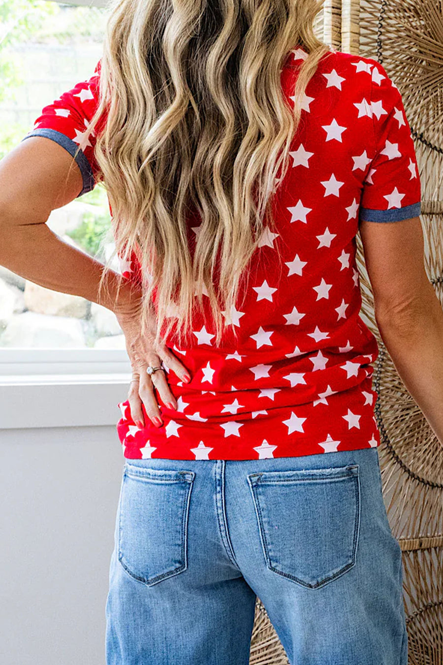 Red and White Star Print Contrast Trim T-Shirt