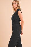 Black Shirred High-Waist V-Neck Sleeveless Jumpsuit