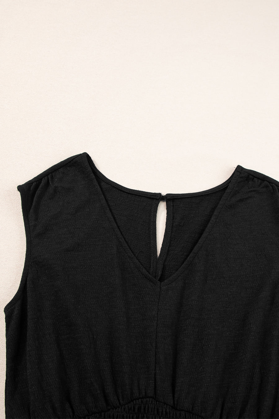 Black Shirred High-Waist V-Neck Sleeveless Jumpsuit