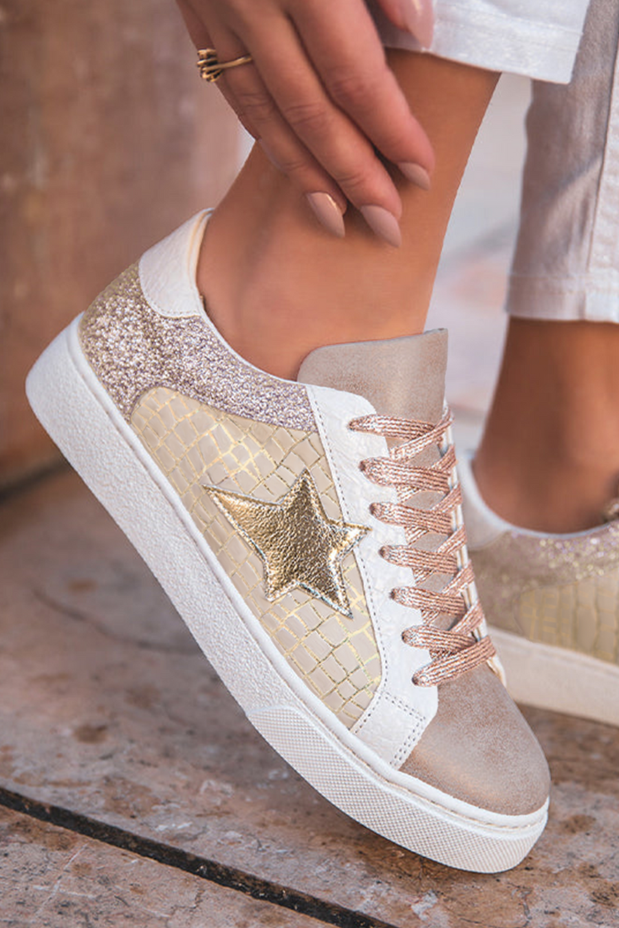 Glitter & Star Patchwork PU Leather Sneakers- 2 Colors