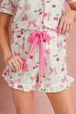 Bow Print Button-Up V-Neck Short Sleeve Top and Ruffle Hem Shorts Pajama Set- 2 Styles