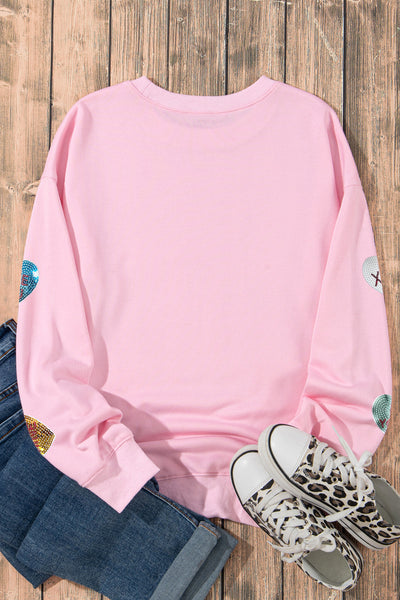 Pink Sequin Hearts Patchwork Drop Shoulder Crew Neck Sweatshirt 2