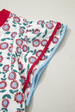 Red Cute Sunflower Printed Striped Patchwork Trim Flutter Sleeve Long Dress