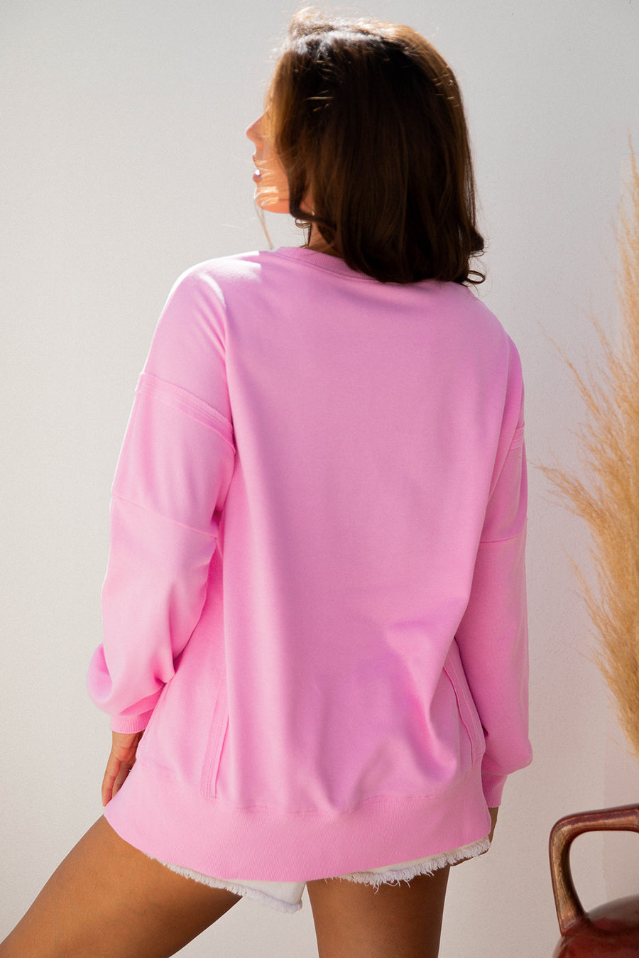Bow & Sequin XOXO Exposed Seam Slit Hem Baggy Sweatshirt- 3 Colors