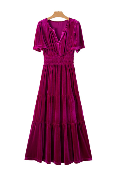 Velvet Puff Short Sleeve Smocked Waist Tiered Maxi Dress- 3 Colors