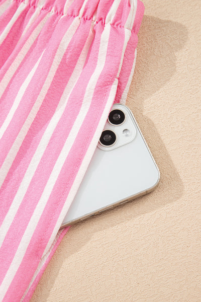 Pink Striped Bow Decor Peter Pan Collar Button-Up Top and Pants Pajama Set