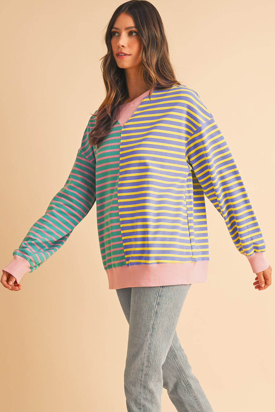 Striped Color Block Drop Shoulder Oversized Sweatshirt- 2 Colors