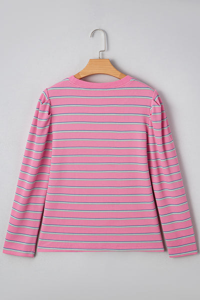 Pink Striped Textured Knit Puff Sleeve Crew Neck Top