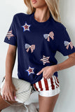 Navy Blue American Flag Bows and Stars Sequin Patches T-Shirt