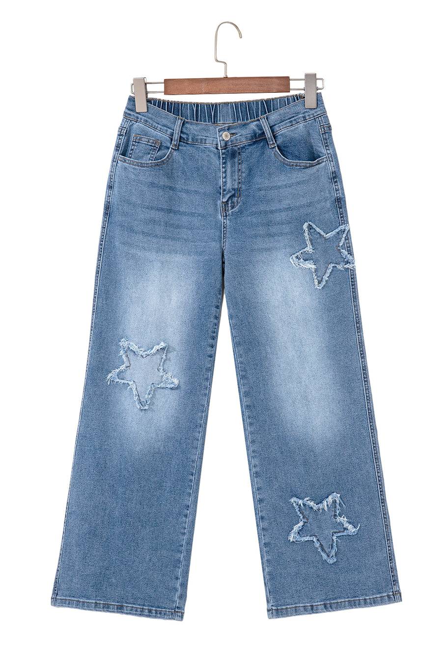 Stone Blue Star Patchwork Light Wash Wide Leg High-Waist Jeans
