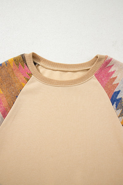 Light French Beige Geometric Patchwork Raglan Sleeve Pullover Sweatshirt
