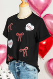 Black Bow XOXO Heart Sequin Patch Graphic T-Shirt