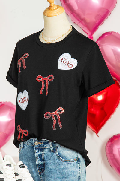 Black Bow XOXO Heart Sequin Patch Graphic T-Shirt