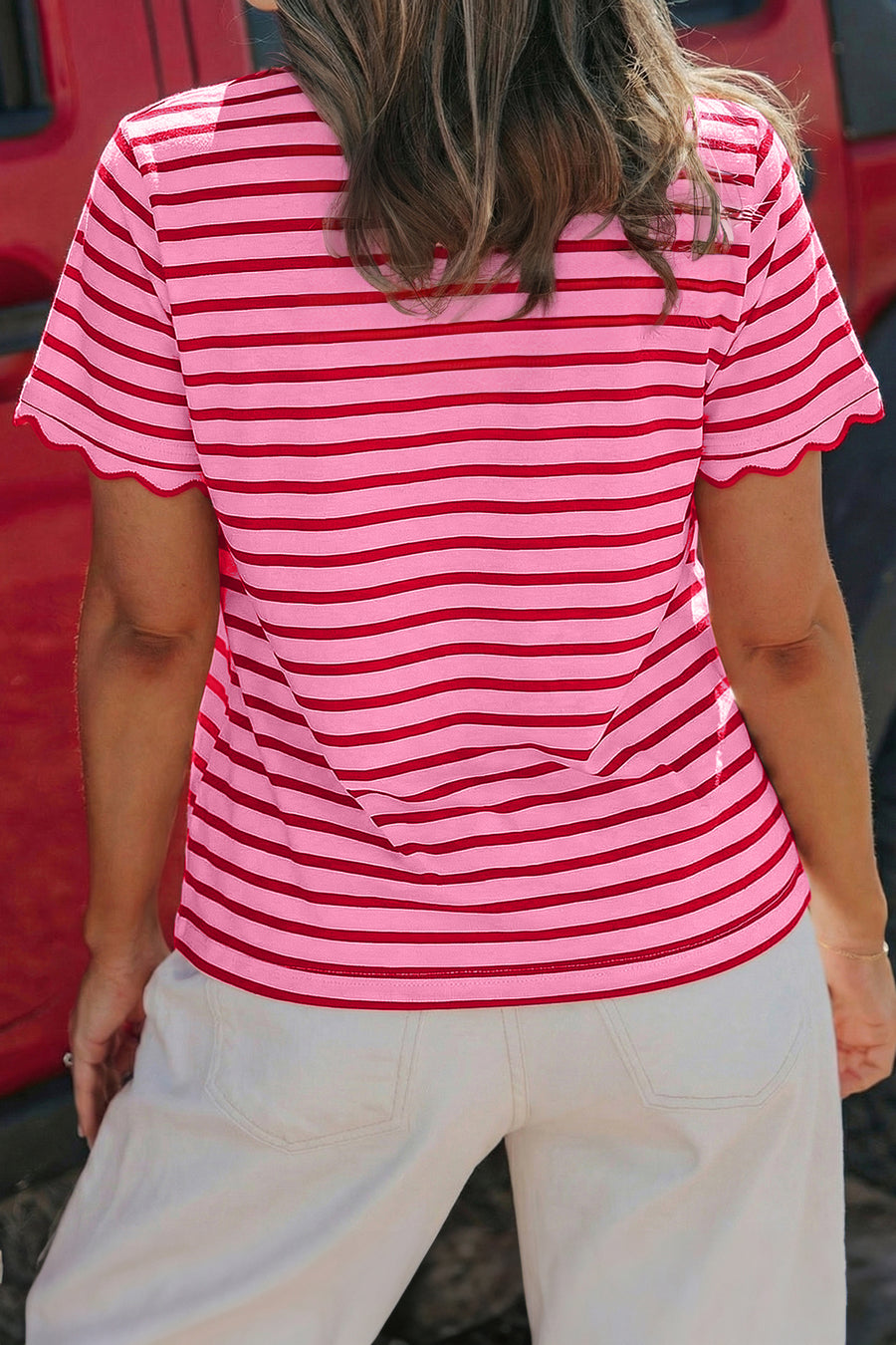 Striped Scalloped Trim Crew Neck Short Sleeve T-Shirt- 5 Colors