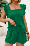 Textured Ruffle Blouse and Shirred High-Waist Shorts Set- 5 Colors