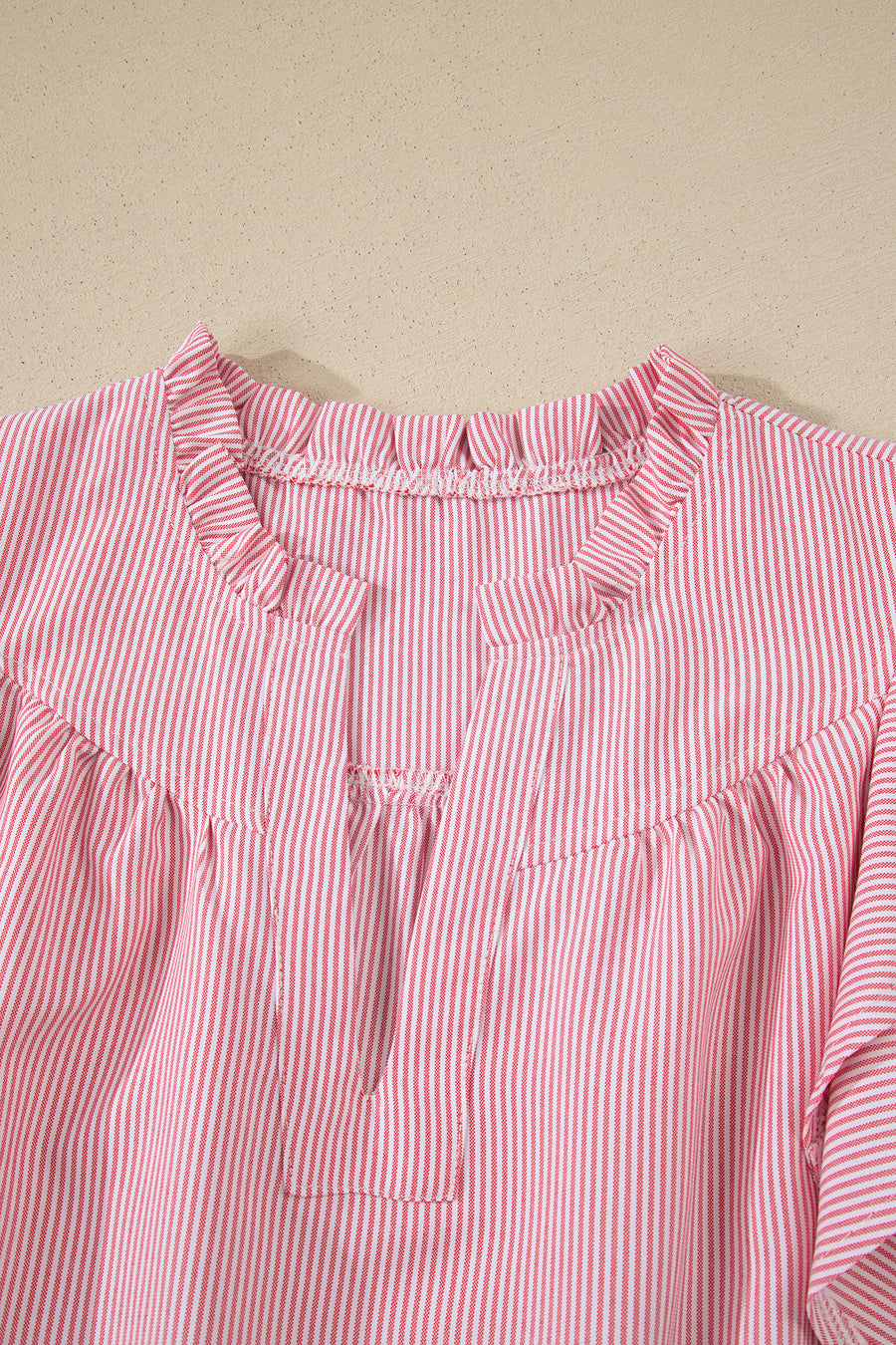 Red Striped Frilled V-Neck Double Ruffled Short Sleeve Blouse
