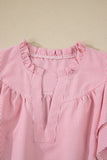 Red Striped Frilled V-Neck Double Ruffled Short Sleeve Blouse